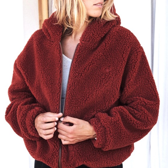 Red Fuzzy Oversized Hooded Jacket - Picture 2 of 4
